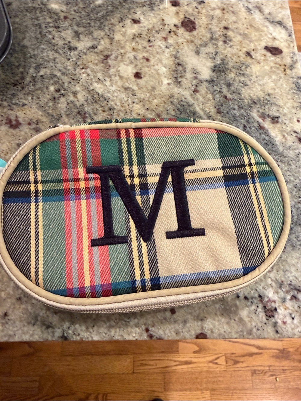 Monogram Plaid Cosmetic bag with Navy 'M' initials Inc. Just in case XL Tartan